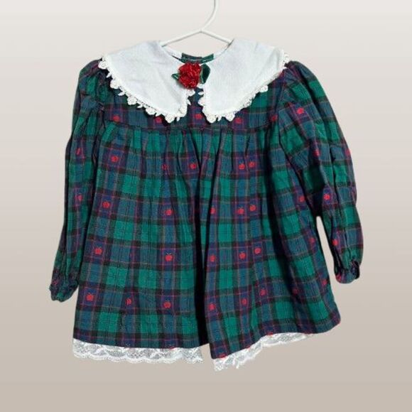 VTG Carters Girls Baby Plaid Dress 24M Embroidered Apples Green Collar Fall 90s - Picture 1 of 8
